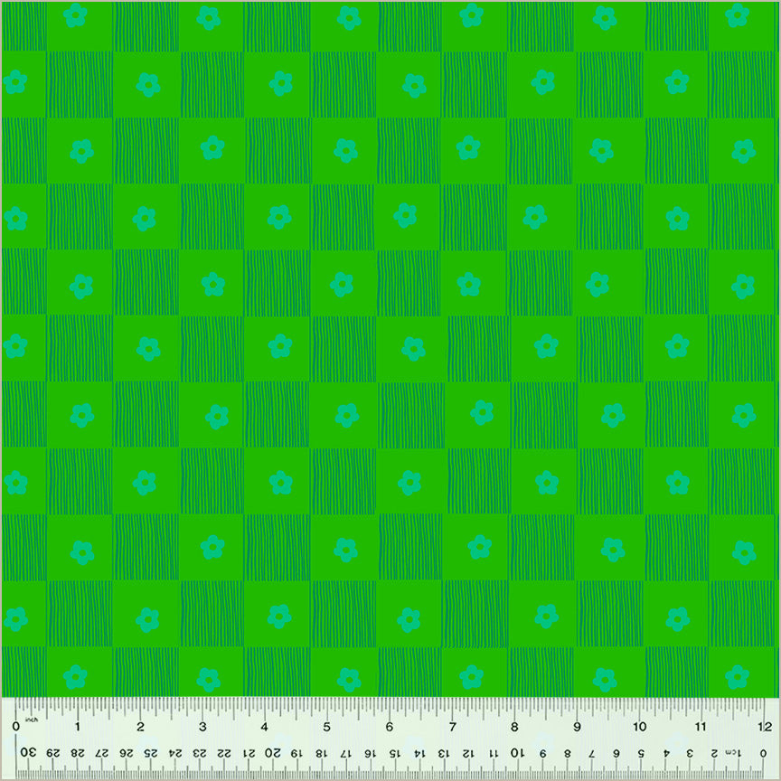 High Density Cotton quilting fabric pattern called 'Footpath in Clover'. Part of the 'Ruby and Bee Blenders' fabric collection. Designed by Heather Ross for the Windham Fabrics fabric company. SKU: 54414-10. 44-45 inch width.