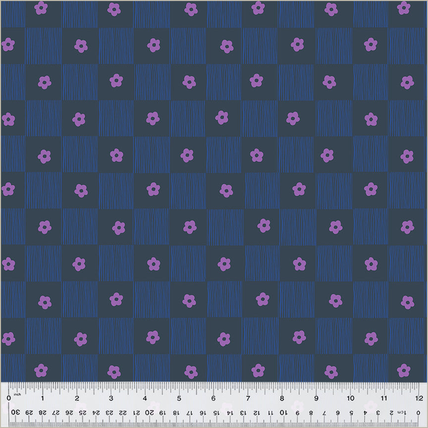 High Density Cotton quilting fabric pattern called 'Footpath in Indigo'. Part of the 'Ruby and Bee Blenders' fabric collection. Designed by Heather Ross for the Windham Fabrics fabric company. SKU: 54414-11. 44-45 inch width.