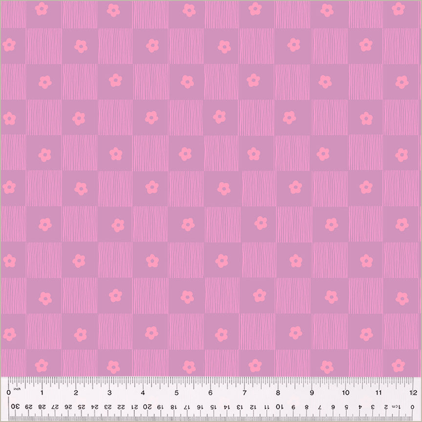 High Density Cotton quilting fabric pattern called 'Footpath in Lilac'. Part of the 'Ruby and Bee Blenders' fabric collection. Designed by Heather Ross for the Windham Fabrics fabric company. SKU: 54414-12. 44-45 inch width.