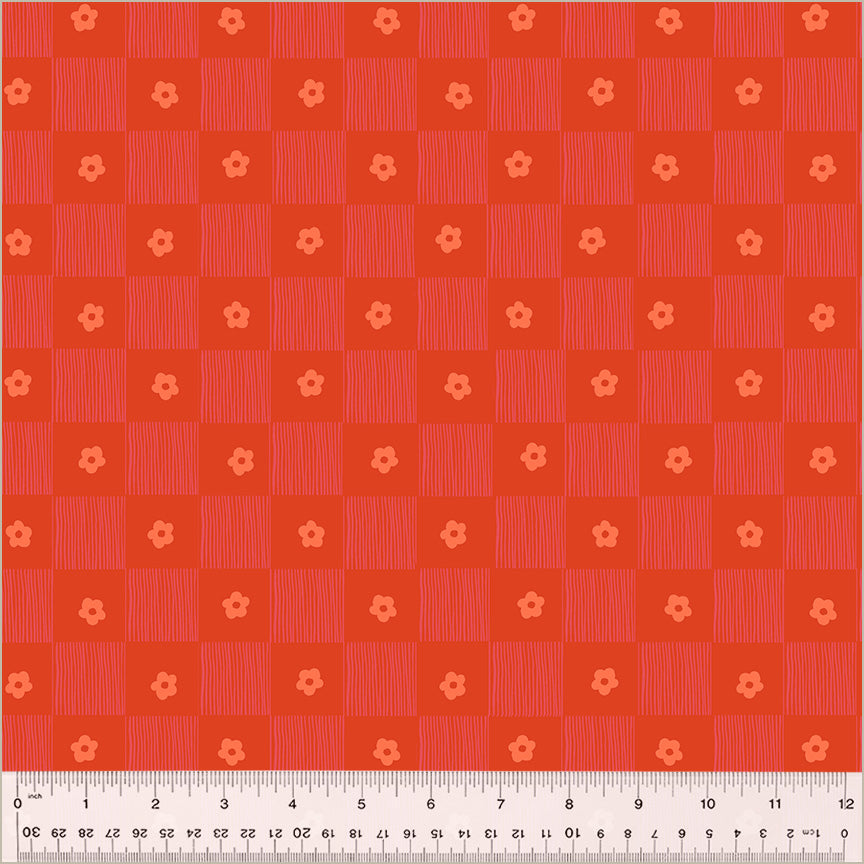 High Density Cotton quilting fabric pattern called 'Footpath in Rose'. Part of the 'Ruby and Bee Blenders' fabric collection. Designed by Heather Ross for the Windham Fabrics fabric company. SKU: 54414-13. 44-45 inch width.