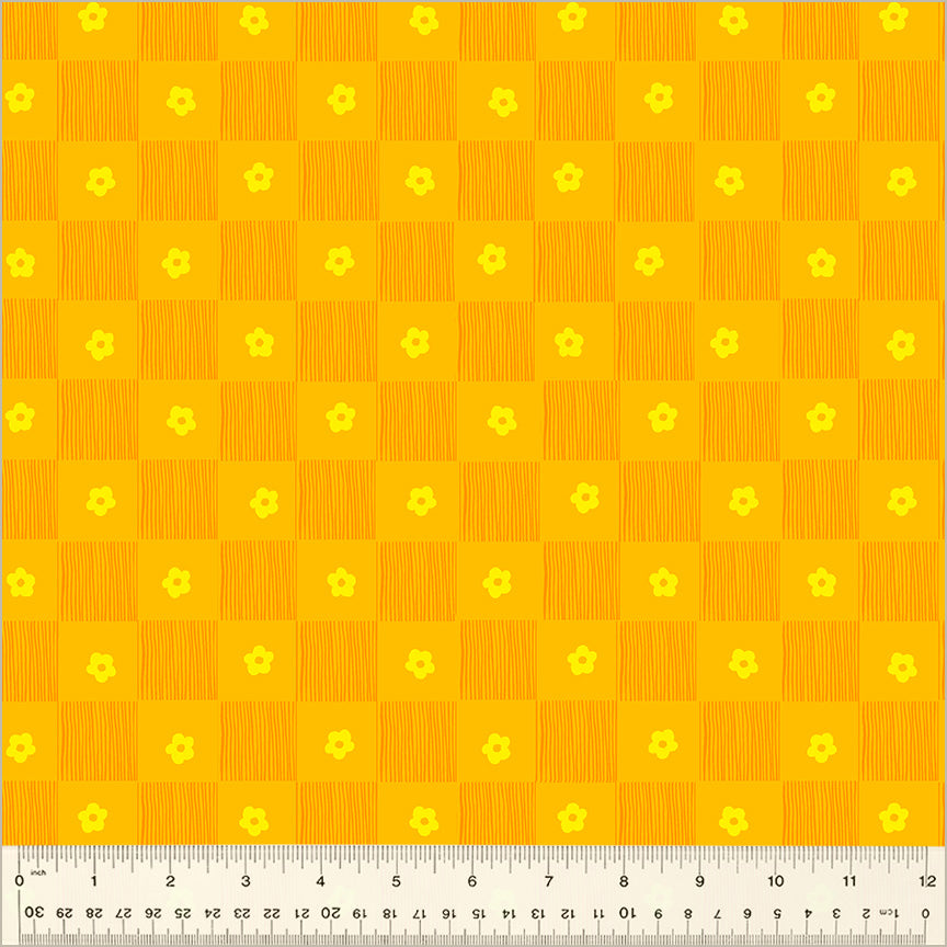 High Density Cotton quilting fabric pattern called 'Footpath in Sunshine'. Part of the 'Ruby and Bee Blenders' fabric collection. Designed by Heather Ross for the Windham Fabrics fabric company. SKU: 54414-8. 44-45 inch width.