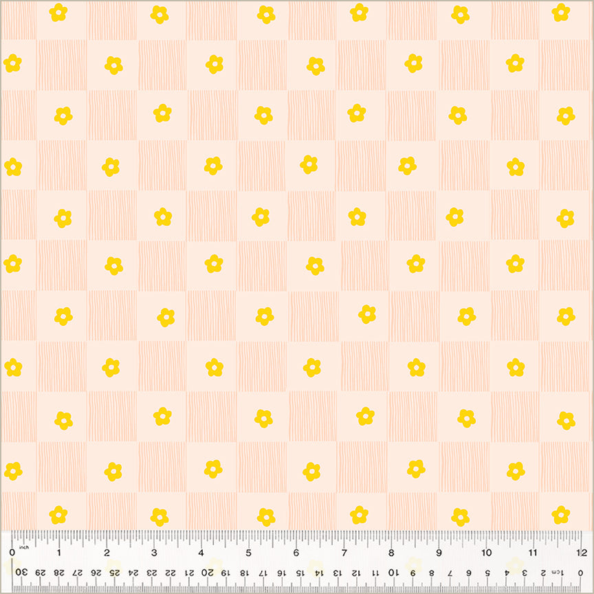 High Density Cotton quilting fabric pattern called 'Footpath in Gold'. Part of the 'Ruby and Bee Blenders' fabric collection. Designed by Heather Ross for the Windham Fabrics fabric company. SKU: 54414-9. 44-45 inch width.