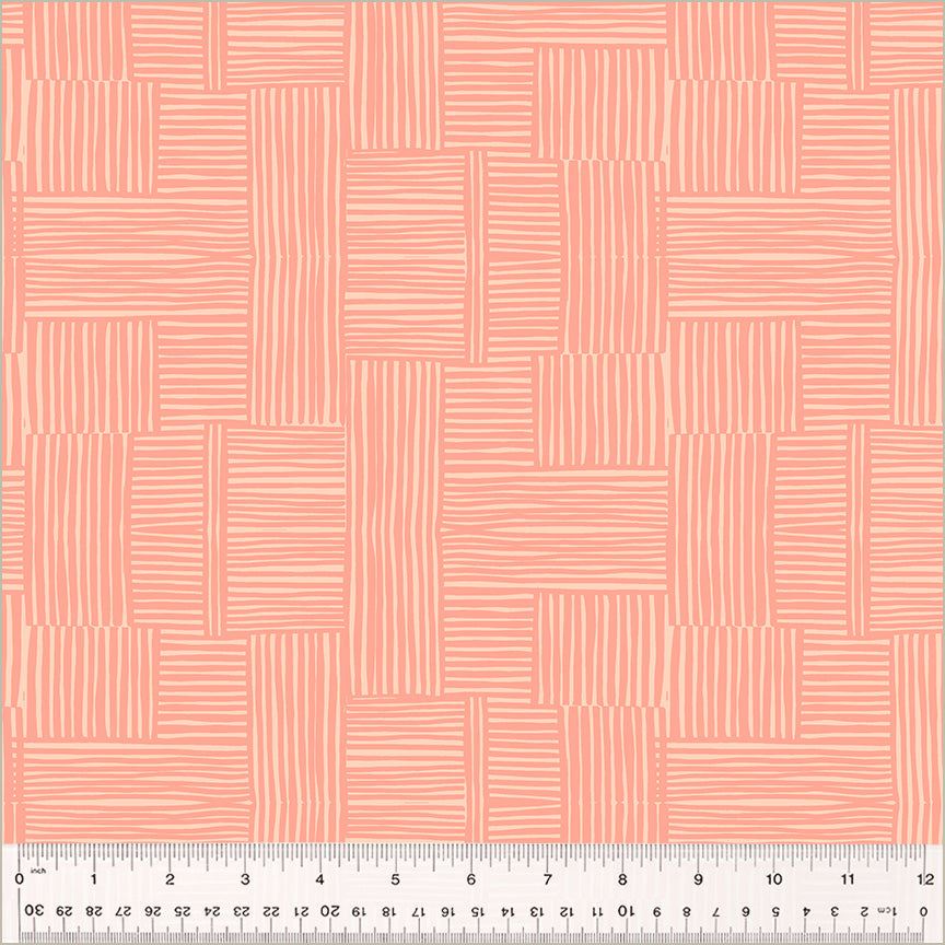 High Density Cotton quilting fabric pattern called 'Woven in Shell/Peachy'. Part of the 'Ruby and Bee Blenders' fabric collection. Designed by Heather Ross for the Windham Fabrics fabric company. SKU: 54416-21. 44-45 inch width.