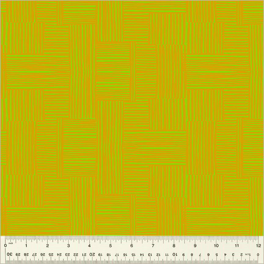 High Density Cotton quilting fabric pattern called 'Woven in Avocado/Turmeric'. Part of the 'Ruby and Bee Blenders' fabric collection. Designed by Heather Ross for the Windham Fabrics fabric company. SKU: 54416-23. 44-45 inch width.