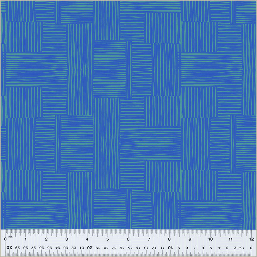 High Density Cotton quilting fabric pattern called 'Woven in Pool/Majorelle'. Part of the 'Ruby and Bee Blenders' fabric collection. Designed by Heather Ross for the Windham Fabrics fabric company. SKU: 54416-25. 44-45 inch width.