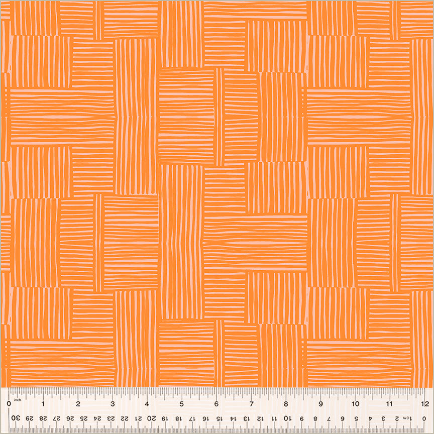 High Density Cotton quilting fabric pattern called 'Woven in Creamsicle/Blush'. Part of the 'Ruby and Bee Blenders' fabric collection. Designed by Heather Ross for the Windham Fabrics fabric company. SKU: 54416-26. 44-45 inch width.