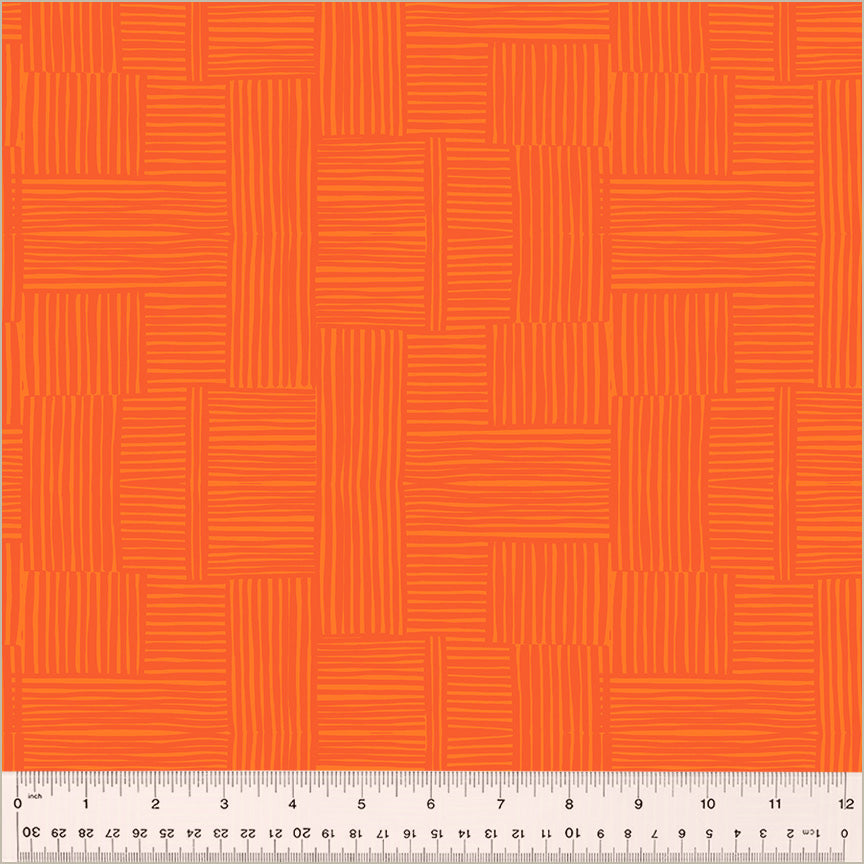 High Density Cotton quilting fabric pattern called 'Woven in Marigold/Mandarin'. Part of the 'Ruby and Bee Blenders' fabric collection. Designed by Heather Ross for the Windham Fabrics fabric company. SKU: 54416-27. 44-45 inch width.