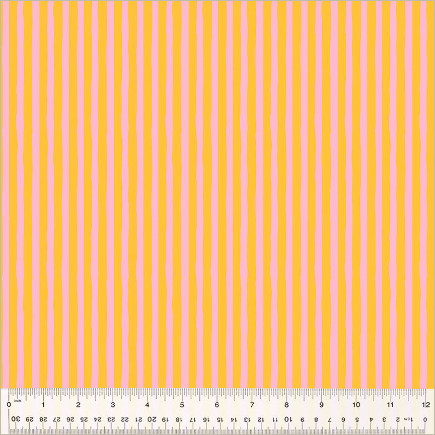 High Density Cotton quilting fabric pattern called 'Drawn Stripe in Turmeric/Vervain'. Part of the 'Ruby and Bee Blenders' fabric collection. Designed by Heather Ross for the Windham Fabrics fabric company. SKU: 54418-36. 44-45 inch width.