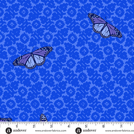 Cotton quilting fabric pattern called 'Camouflage in Sapphire'. Part of the 'SunPrint 2024' fabric collection. Designed by Alison Glass for fabric company Andover Fabrics. SKU: A-1013-B. 44-45 inch width.