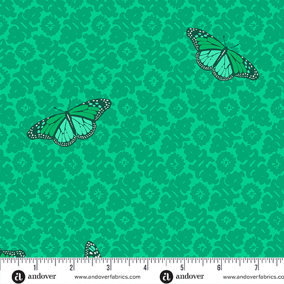 Cotton quilting fabric pattern called 'Camouflage in Emerald'. Part of the 'SunPrint 2024' fabric collection. Designed by Alison Glass for fabric company Andover Fabrics. SKU: A-1013-G. 44-45 inch width.