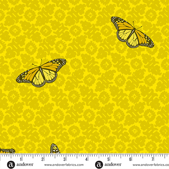 Cotton quilting fabric pattern called 'Camouflage in Sulphur'. Part of the 'SunPrint 2024' fabric collection. Designed by Alison Glass for fabric company Andover Fabrics. SKU: A-1013-Y. 44-45 inch width.