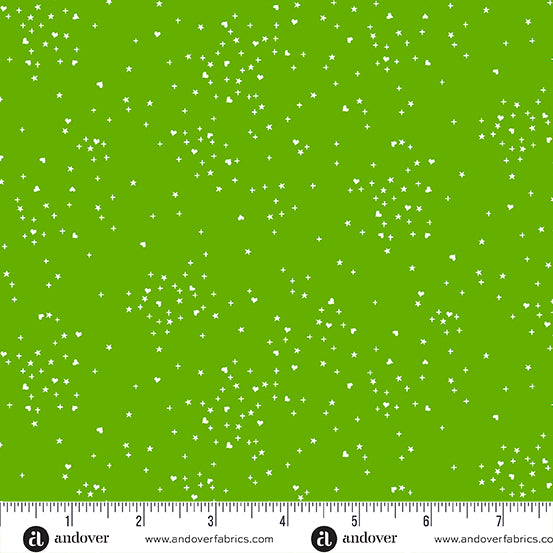 Cotton quilting fabric pattern called 'Green'. Part of the 'Heart Stars' fabric collection. Designed by Andover Fabrics for fabric company Andover Fabrics. SKU: A-1091-G. 44-45 inch width.