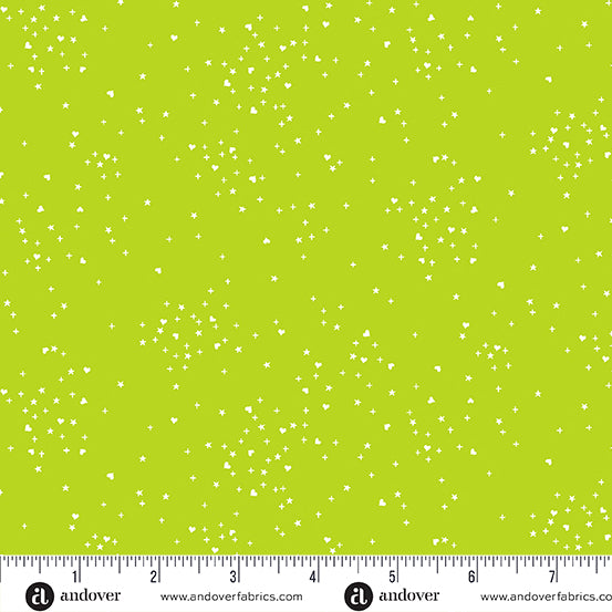 Cotton quilting fabric pattern called 'Yellow Green'. Part of the 'Heart Stars' fabric collection. Designed by Andover Fabrics for fabric company Andover Fabrics. SKU: A-1091-G1. 44-45 inch width.