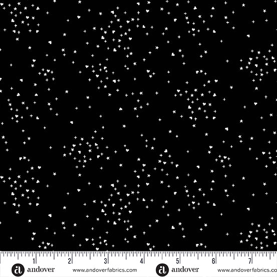 Cotton quilting fabric pattern called 'Black'. Part of the 'Heart Stars' fabric collection. Designed by Andover Fabrics for fabric company Andover Fabrics. SKU: A-1091-K. 44-45 inch width.