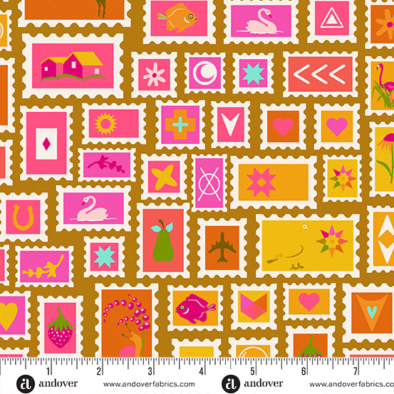 Cotton quilting fabric pattern called 'Collector in Sunrise'. Part of the 'Postmark' fabric collection. Designed by Alison Glass for fabric company Andover Fabrics. SKU: A-1125-Y. 44-45 inch width.