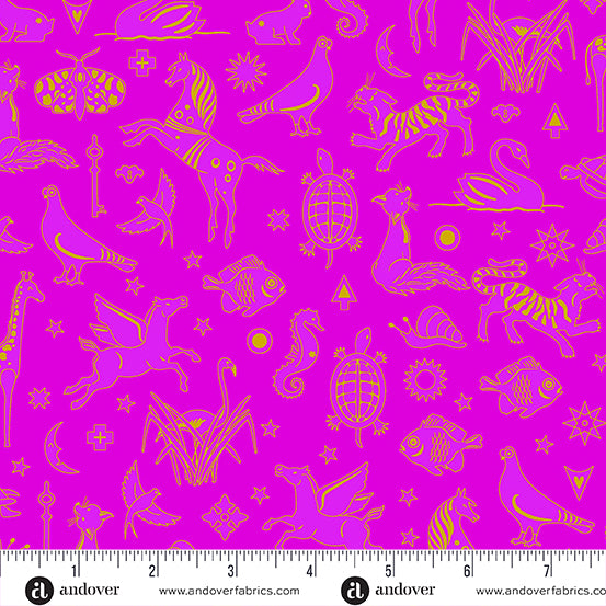 Cotton quilting fabric pattern called 'Philately in Fuchsia'. Part of the 'Postmark' fabric collection. Designed by Alison Glass for fabric company Andover Fabrics. SKU: A-1127-P. 44-45 inch width.