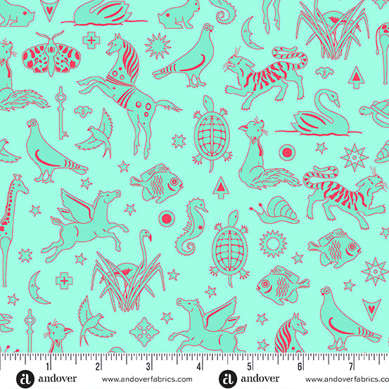 Cotton quilting fabric pattern called 'Philately in Aqua'. Part of the 'Postmark' fabric collection. Designed by Alison Glass for fabric company Andover Fabrics. SKU: A-1127-T. 44-45 inch width.