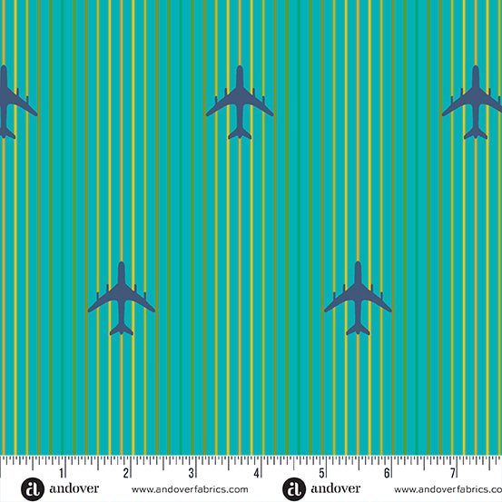 Cotton quilting fabric pattern called 'Air Mail in Teal'. Part of the 'Postmark' fabric collection. Designed by Alison Glass for fabric company Andover Fabrics. SKU: A-1128-T. 44-45 inch width.