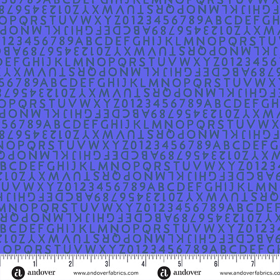 Cotton quilting fabric pattern called 'Letters in Lapis'. Part of the 'Postmark' fabric collection. Designed by Alison Glass for fabric company Andover Fabrics. SKU: A-1130-B. 44-45 inch width.