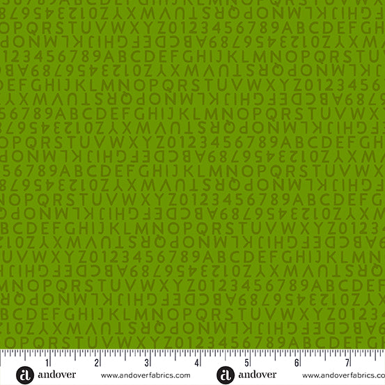 Cotton quilting fabric pattern called 'Letters in Moss'. Part of the 'Postmark' fabric collection. Designed by Alison Glass for fabric company Andover Fabrics. SKU: A-1130-G. 44-45 inch width.