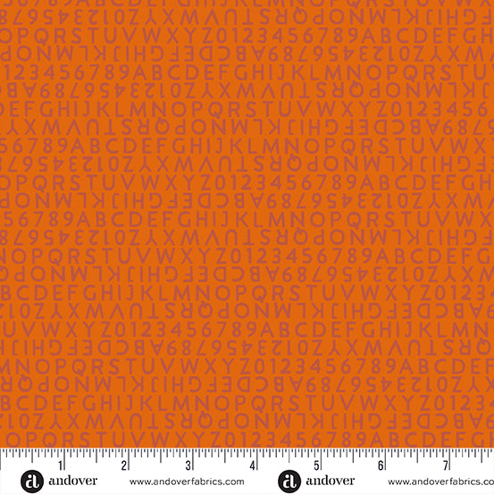 Cotton quilting fabric pattern called 'Letters in Tiger'. Part of the 'Postmark' fabric collection. Designed by Alison Glass for fabric company Andover Fabrics. SKU: A-1130-O. 44-45 inch width.