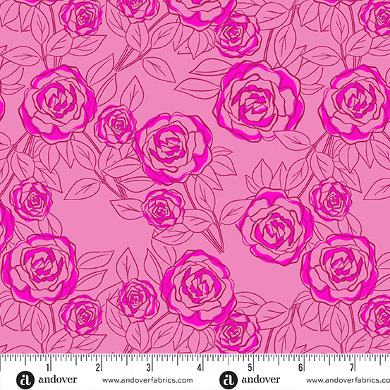 Cotton quilting fabric pattern called 'Rose Bloom in Rose'. Part of the 'Color Me Pretty' fabric collection. Designed by Stephanie Organes for fabric company Andover Fabrics. SKU: A-1179-E. 44-45 inch width.