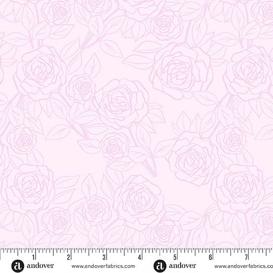 Cotton quilting fabric pattern called 'Rose Bloom in Pink Purple'. Part of the 'Color Me Pretty' fabric collection. Designed by Stephanie Organes for fabric company Andover Fabrics. SKU: A-1179-LE. 44-45 inch width.