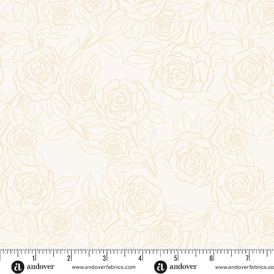 Cotton quilting fabric pattern called 'Rose Bloom in Cream'. Part of the 'Color Me Pretty' fabric collection. Designed by Stephanie Organes for fabric company Andover Fabrics. SKU: A-1179-LN. 44-45 inch width.