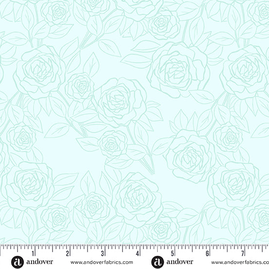 Cotton quilting fabric pattern called 'Rose Bloom in Water'. Part of the 'Color Me Pretty' fabric collection. Designed by Stephanie Organes for fabric company Andover Fabrics. SKU: A-1179-LT. 44-45 inch width.