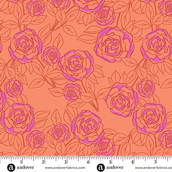 Cotton quilting fabric pattern called 'Rose Bloom in Coral'. Part of the 'Color Me Pretty' fabric collection. Designed by Stephanie Organes for fabric company Andover Fabrics. SKU: A-1179-O. 44-45 inch width.