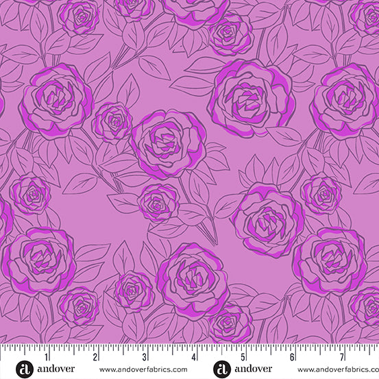 Cotton quilting fabric pattern called 'Rose Bloom in Orchid'. Part of the 'Color Me Pretty' fabric collection. Designed by Stephanie Organes for fabric company Andover Fabrics. SKU: A-1179-P. 44-45 inch width.