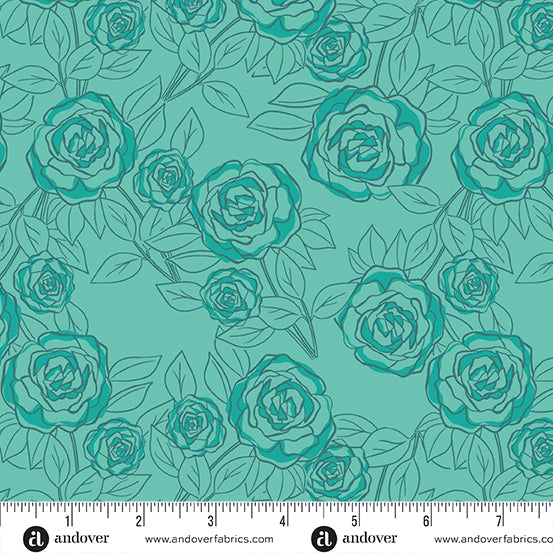 Cotton quilting fabric pattern called 'Rose Bloom in Teal'. Part of the 'Color Me Pretty' fabric collection. Designed by Stephanie Organes for fabric company Andover Fabrics. SKU: A-1179-T. 44-45 inch width.