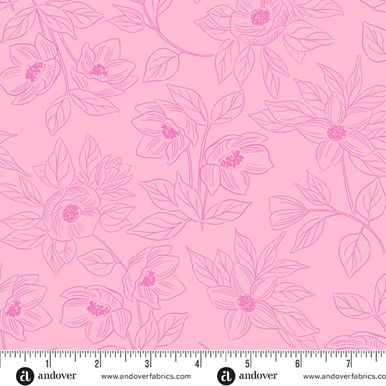 Cotton quilting fabric pattern called 'Flora in Pink'. Part of the 'Color Me Pretty' fabric collection. Designed by Stephanie Organes for fabric company Andover Fabrics. SKU: A-1180-E. 44-45 inch width.