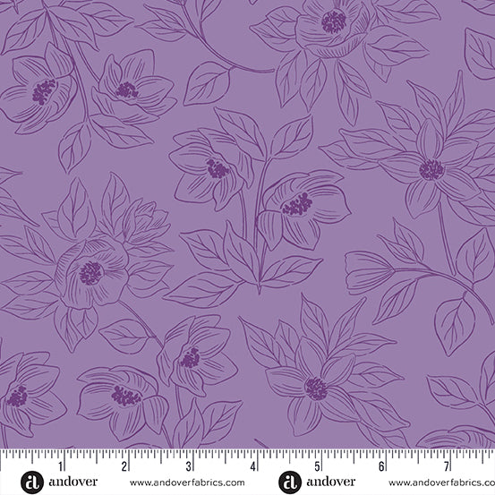 Cotton quilting fabric pattern called 'Flora in Lavender'. Part of the 'Color Me Pretty' fabric collection. Designed by Stephanie Organes for fabric company Andover Fabrics. SKU: A-1180-P. 44-45 inch width.