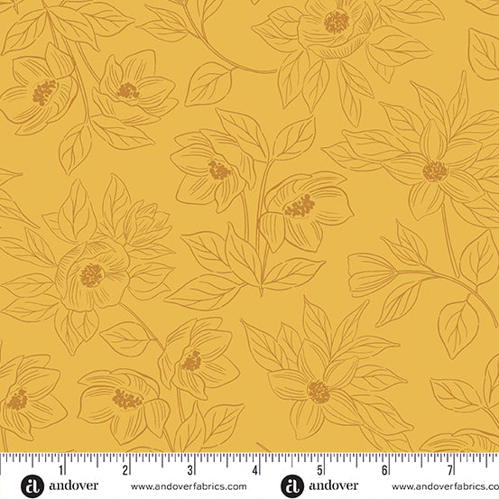 Cotton quilting fabric pattern called 'Flora in Mustard'. Part of the 'Color Me Pretty' fabric collection. Designed by Stephanie Organes for fabric company Andover Fabrics. SKU: A-1180-Y. 44-45 inch width.