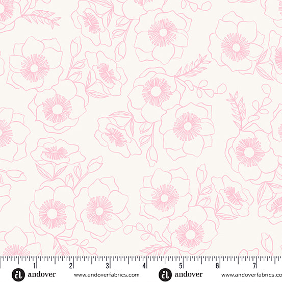 Cotton quilting fabric pattern called 'Botanica in Blush'. Part of the 'Color Me Pretty' fabric collection. Designed by Stephanie Organes for fabric company Andover Fabrics. SKU: A-1181-LE. 44-45 inch width.