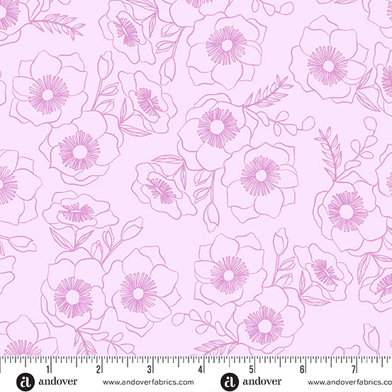 Cotton quilting fabric pattern called 'Botanica in Violet'. Part of the 'Color Me Pretty' fabric collection. Designed by Stephanie Organes for fabric company Andover Fabrics. SKU: A-1181-LP. 44-45 inch width.