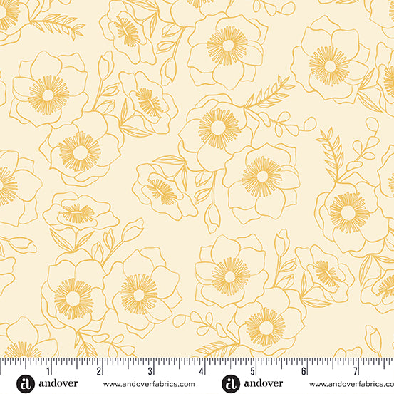 Cotton quilting fabric pattern called 'Botanica in Saffron'. Part of the 'Color Me Pretty' fabric collection. Designed by Stephanie Organes for fabric company Andover Fabrics. SKU: A-1181-LY. 44-45 inch width.