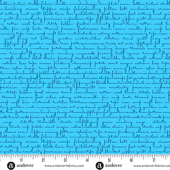 Cotton quilting fabric pattern called 'Quilty Words in Blue Howlite'. Part of the 'Scrawl' fabric collection. Designed by Giucy Giuce for fabric company Andover Fabrics. SKU: A-1214-B. 44-45 inch width.