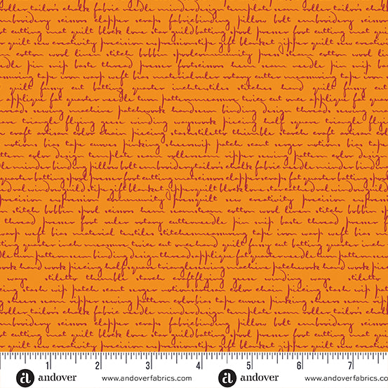 Cotton quilting fabric pattern called 'Quilty Words in Tangerine'. Part of the 'Scrawl' fabric collection. Designed by Giucy Giuce for fabric company Andover Fabrics. SKU: A-1214-O. 44-45 inch width.