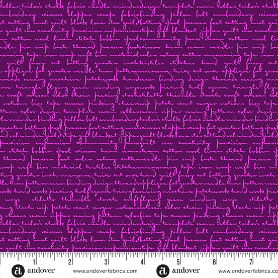 Cotton quilting fabric pattern called 'Quilty Words in Purple Agate'. Part of the 'Scrawl' fabric collection. Designed by Giucy Giuce for fabric company Andover Fabrics. SKU: A-1214-P. 44-45 inch width.