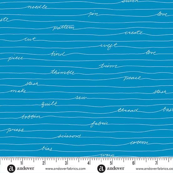 Cotton quilting fabric pattern called 'Longhand in Sea'. Part of the 'Scrawl' fabric collection. Designed by Giucy Giuce for fabric company Andover Fabrics. SKU: A-1216-B. 44-45 inch width.