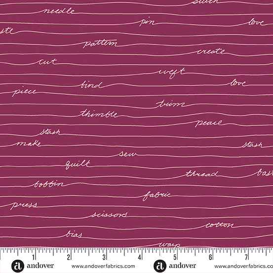 Cotton quilting fabric pattern called 'Longhand in Malbec'. Part of the 'Scrawl' fabric collection. Designed by Giucy Giuce for fabric company Andover Fabrics. SKU: A-1216-P. 44-45 inch width.