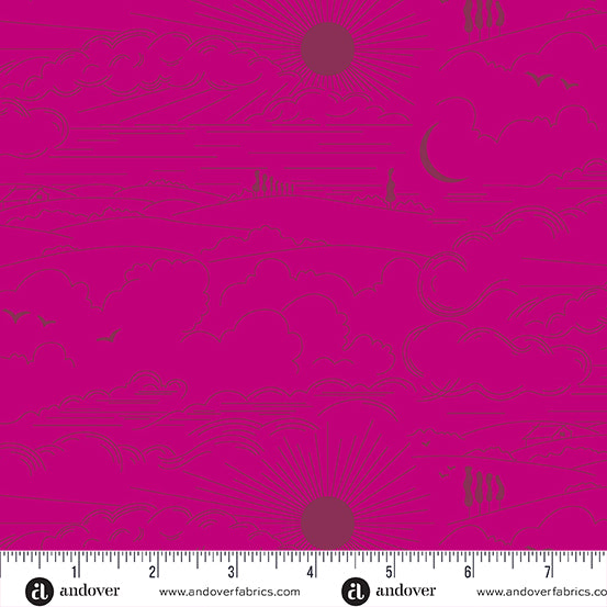 Cotton quilting fabric pattern called 'Dwell in Pomegranate'. Part of the 'Soliloquy' fabric collection. Designed by Alison Glass for fabric company Andover Fabrics. SKU: A-1219-P. 44-45 inch width.