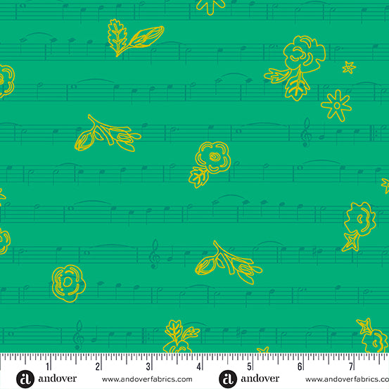 Cotton quilting fabric pattern called 'Singalong in Fern- Alison Glass'. Part of the 'Soliloquy' fabric collection. Designed by Alison Glass for fabric company Andover Fabrics. SKU: A-1222-G. 44-45 inch width.