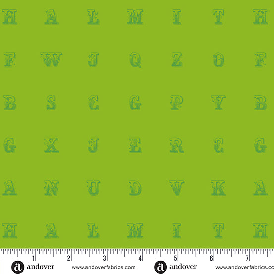 Cotton quilting fabric pattern called 'Typeset in Lime'. Part of the 'Soliloquy' fabric collection. Designed by Alison Glass for fabric company Andover Fabrics. SKU: A-1223-G. 44-45 inch width.