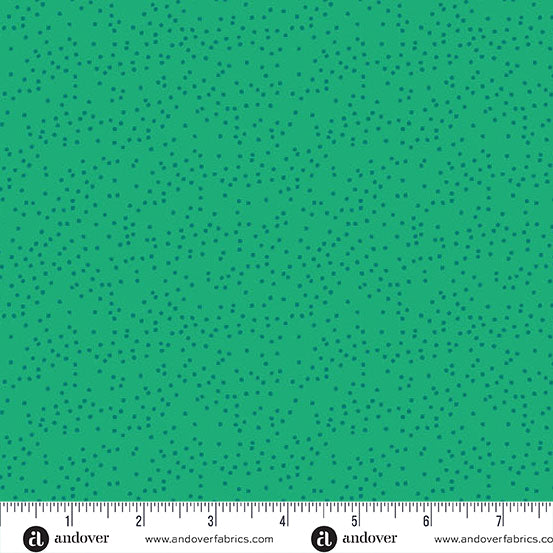 Cotton quilting fabric pattern called 'Pebbles in Emerald'. Part of the 'Sun Print Textures' fabric collection. Designed by Alison Glass for fabric company Andover Fabrics. SKU: A-1283-G1. 44-45 inch width.