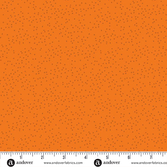 Cotton quilting fabric pattern called 'Pebbles in Tangerine'. Part of the 'Sun Print Textures' fabric collection. Designed by Alison Glass for fabric company Andover Fabrics. SKU: A-1283-O1. 44-45 inch width.