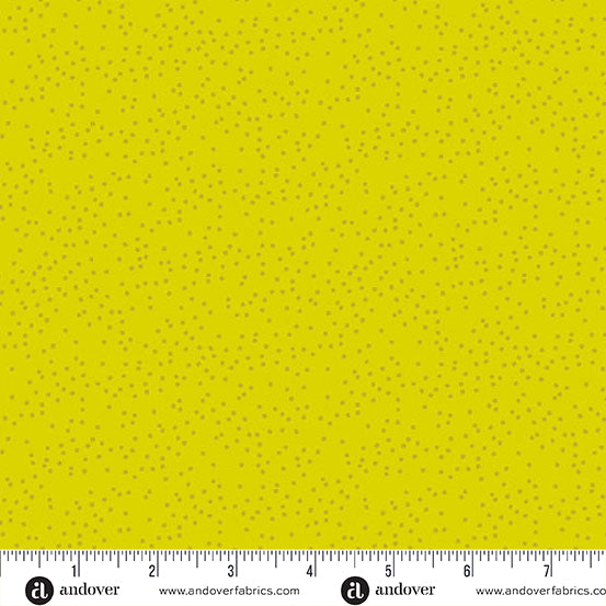 Cotton quilting fabric pattern called 'Pebbles in Lemon'. Part of the 'Sun Print Textures' fabric collection. Designed by Alison Glass for fabric company Andover Fabrics. SKU: A-1283-V1. 44-45 inch width.