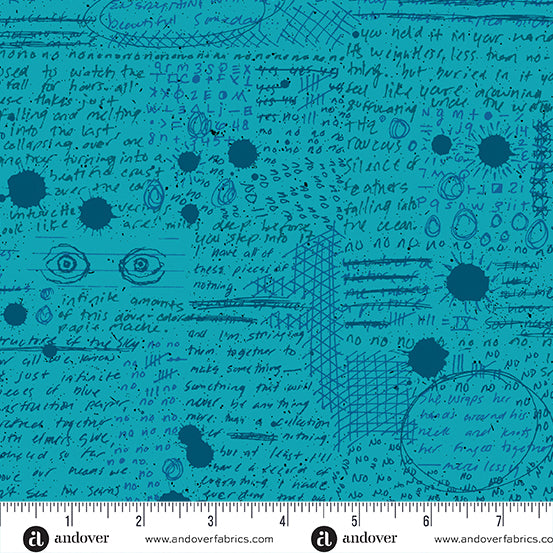 Cotton quilting fabric pattern called 'Rant in Cerulean'. Part of the 'Scrawl' fabric collection. Designed by Giucy Giuce for fabric company Andover Fabrics. SKU: A-456-T. 44-45 inch width.